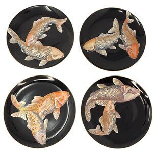 Vtg Fitz & Floyd KOI POND Porcelain Plate Set of 4 Gold & Orange Koi Fish Black